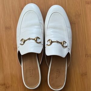 Gucci White Leather Mules with Gold Bit Detail